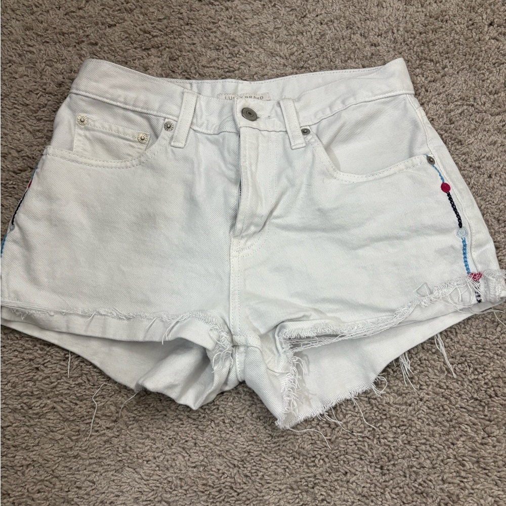 Lucky Brand White Denim Cutoff Shorts with Side Embroidery